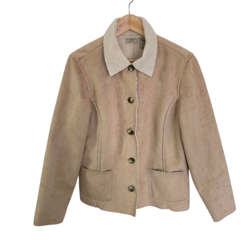 L.L. Bean Womens Vintage Suede Sherpa Shearling Line Jacket Tan Cream Size Large